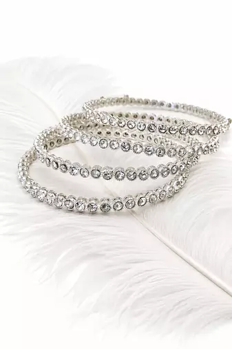 Set of 4 bangles, round cut crystals, stackable design, bridal wear, silver finish