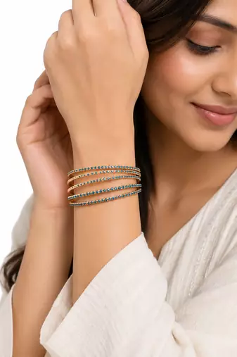 Stackable design, women's jewellery, teal blue stones, slim band style, festive wear
