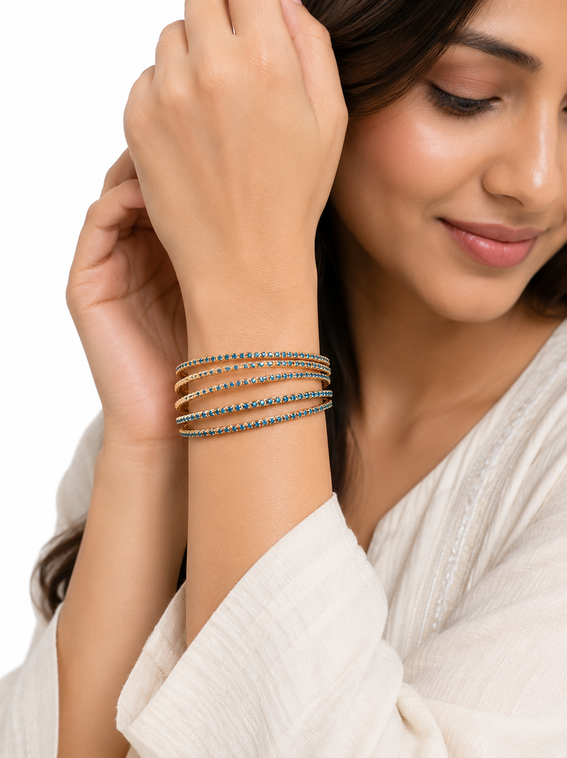 Stackable design, women's jewellery, teal blue stones, slim band style, festive wear