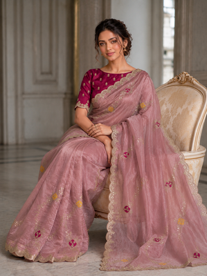 appetizing onion pink embroidery with cutwork border fendy satin indian designer bollywood saree 3