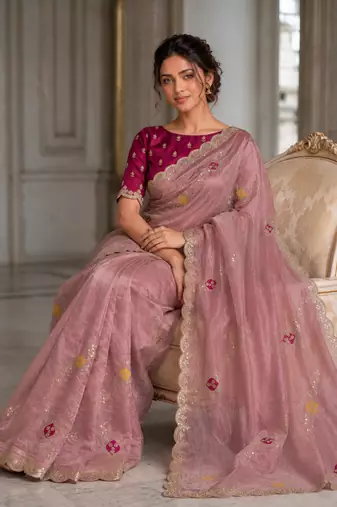 appetizing onion pink embroidery with cutwork border fendy satin indian designer bollywood saree