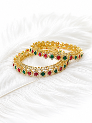 Gold-toned bangles with red and green stone set of 2 filigree design, round cabochon stones 1