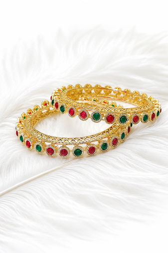 Gold-toned bangles with red and green stone set of 2 filigree design, round cabochon stones