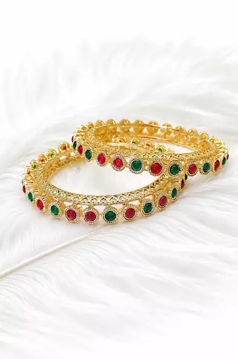 Gold-toned bangles with red and green stone set of 2 filigree design, round cabochon stones