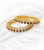 Gold-toned bangles with red and green stone set of 2 filigree design, round cabochon stones