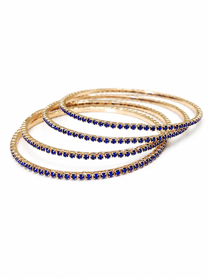 Blue crystal stone bangles, gold-toned, set of 4 stackable design, studded with crystals, festive wear, waterproof. 3