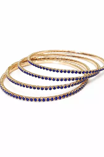 Blue crystal stone bangles, gold-toned, set of 4 stackable design, studded with crystals, festive wear, waterproof.