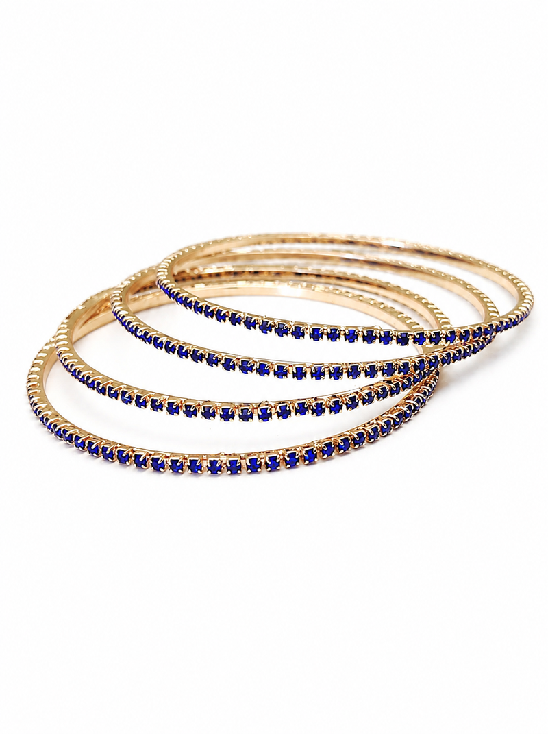 Blue crystal stone bangles, gold-toned, set of 4 stackable design, studded with crystals, festive wear, waterproof.