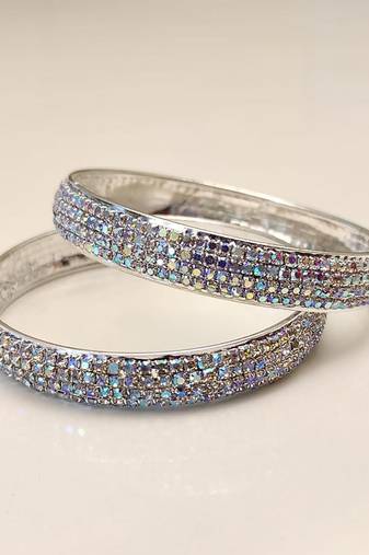 Crystal rhinestone bangles for women, silver-toned, set of 2