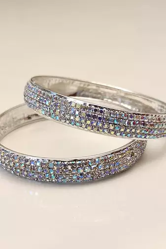 Crystal rhinestone bangles for women, silver-toned, set of 2