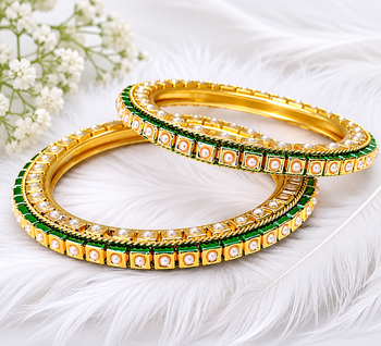 Pearl embellished, green enamel work bangle set 1