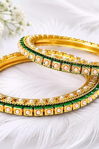 Pearl embellished, green enamel work bangle set