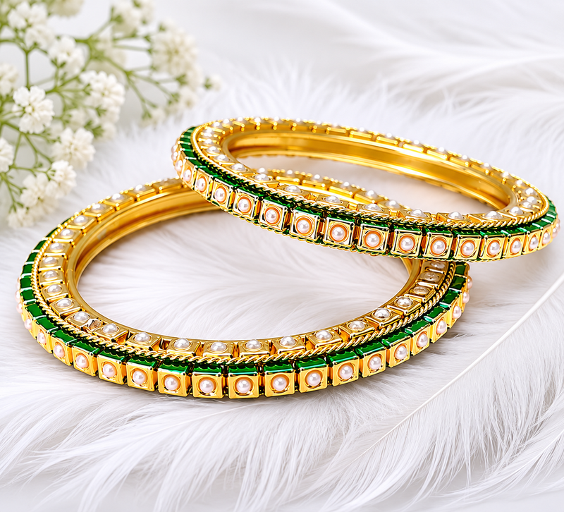 Pearl embellished, green enamel work bangle set