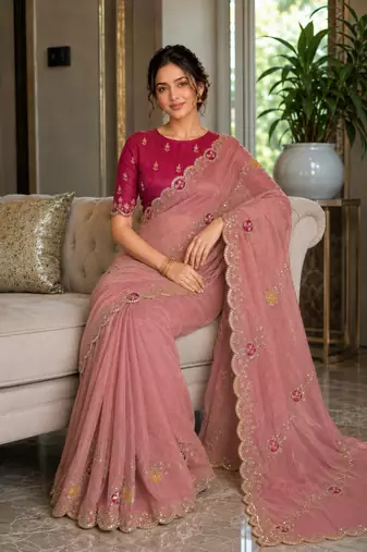 appetizing onion pink embroidery with cutwork border fendy satin indian designer bollywood saree