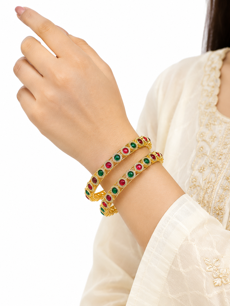 Gold-toned bangles with red and green stone set of 2 filigree design, round cabochon stones
