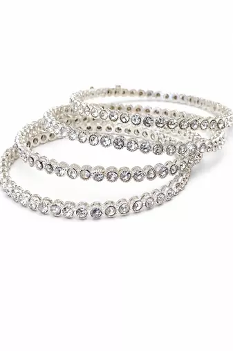 Set of 4 bangles, round cut crystals, stackable design, bridal wear, silver finish