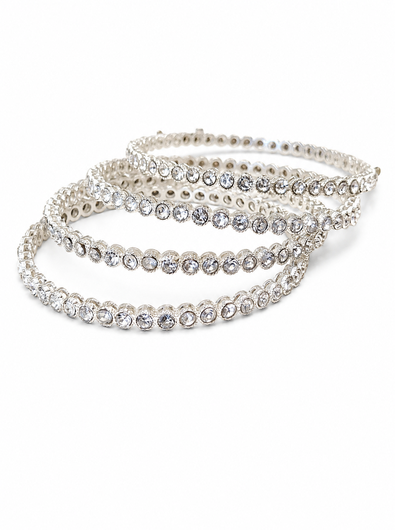 Set of 4 bangles, round cut crystals, stackable design, bridal wear, silver finish