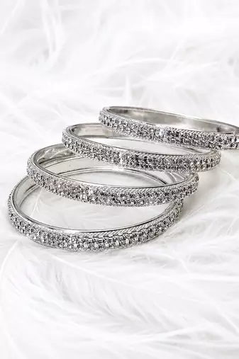 Silver-toned crystal studded bangle set of 4