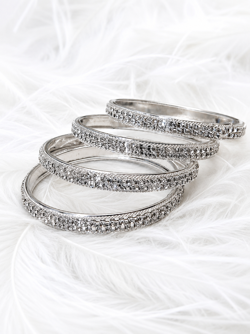 Silver-toned crystal studded bangle set of 4
