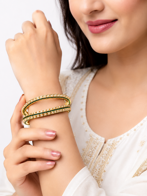 Pearl embellished, green enamel work bangle set 2