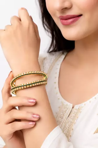 Pearl embellished, green enamel work bangle set