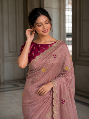 appetizing onion pink embroidery with cutwork border fendy satin indian designer bollywood saree 5