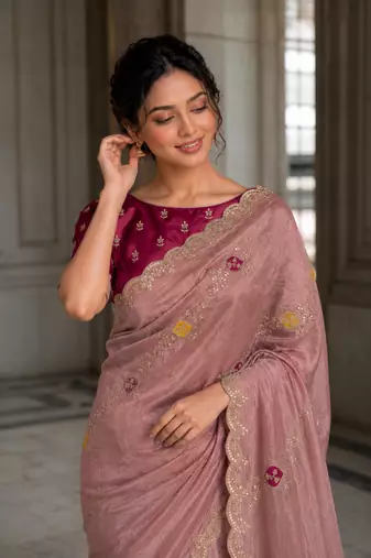 appetizing onion pink embroidery with cutwork border fendy satin indian designer bollywood saree