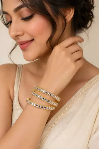 Kundan bangles set of 2, gold-toned with white stone