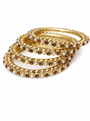 Gold-toned pearl and crystal studded bangles set amber crystal stones, faux pearl accents 3