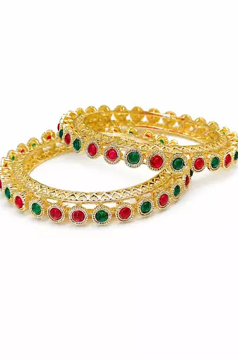 Gold-toned bangles with red and green stone set of 2 filigree design, round cabochon stones