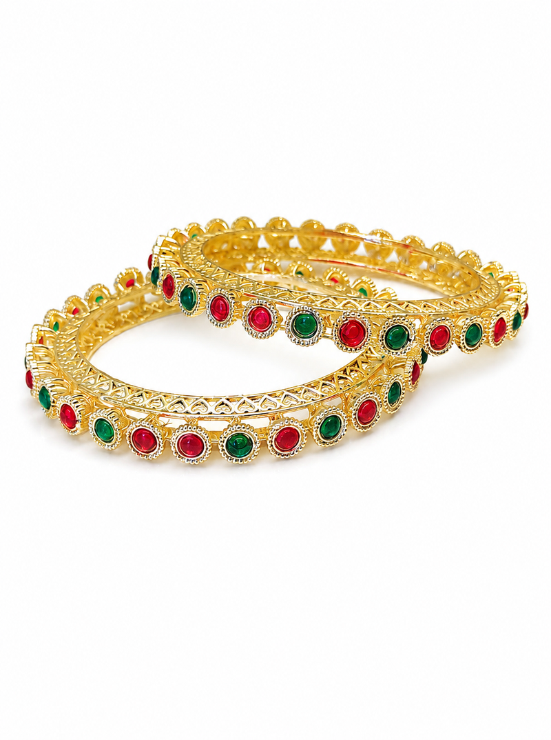 Gold-toned bangles with red and green stone set of 2 filigree design, round cabochon stones