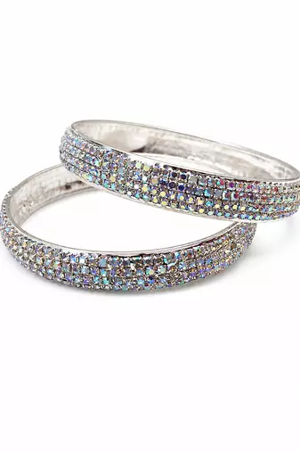Crystal rhinestone bangles for women, silver-toned, set of 2