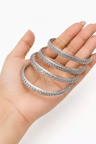 Silver-toned crystal studded bangle set of 4