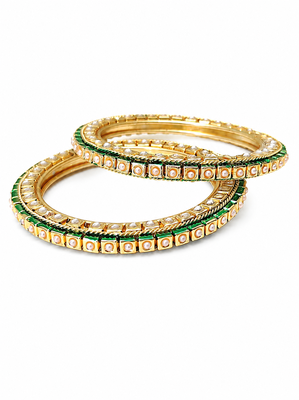Pearl embellished, green enamel work bangle set 3