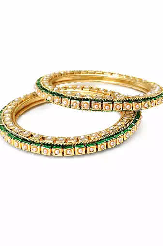 Pearl embellished, green enamel work bangle set
