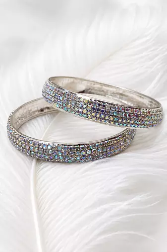 Crystal rhinestone bangles for women, silver-toned, set of 2