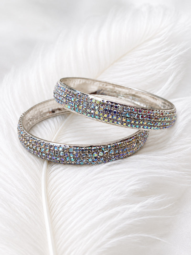 Crystal rhinestone bangles for women, silver-toned, set of 2