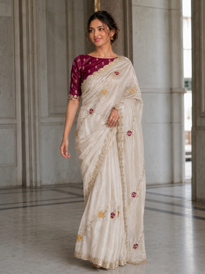 provocative off-white embroidery with cutwork border fendy satin indian wedding and saree 1