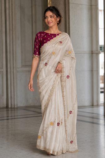 provocative off-white embroidery with cutwork border fendy satin indian wedding and saree
