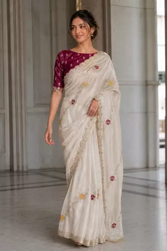 provocative off-white embroidery with cutwork border fendy satin indian wedding and saree