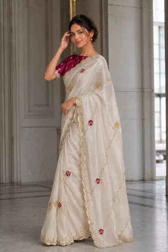 provocative off-white embroidery with cutwork border fendy satin indian wedding and saree
