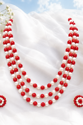 Red coral & white pearl 3-layer beaded necklace set with earrings