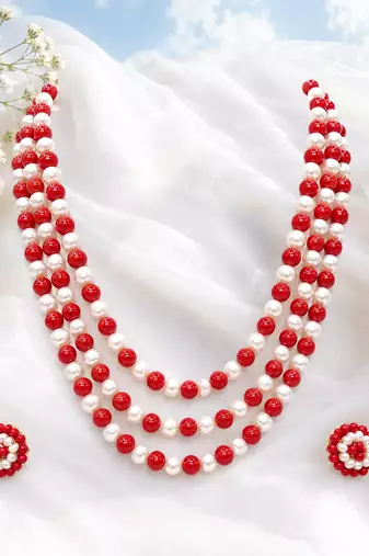 Red coral & white pearl 3-layer beaded necklace set with earrings