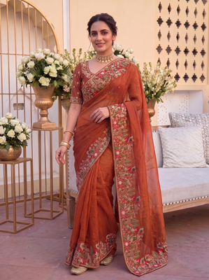 winning rust orange c-pallu embroidery with piping border fendy satin indian wedding saree 1