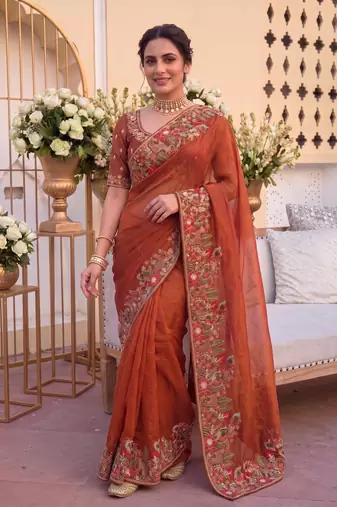 winning rust orange c-pallu embroidery with piping border fendy satin indian wedding saree