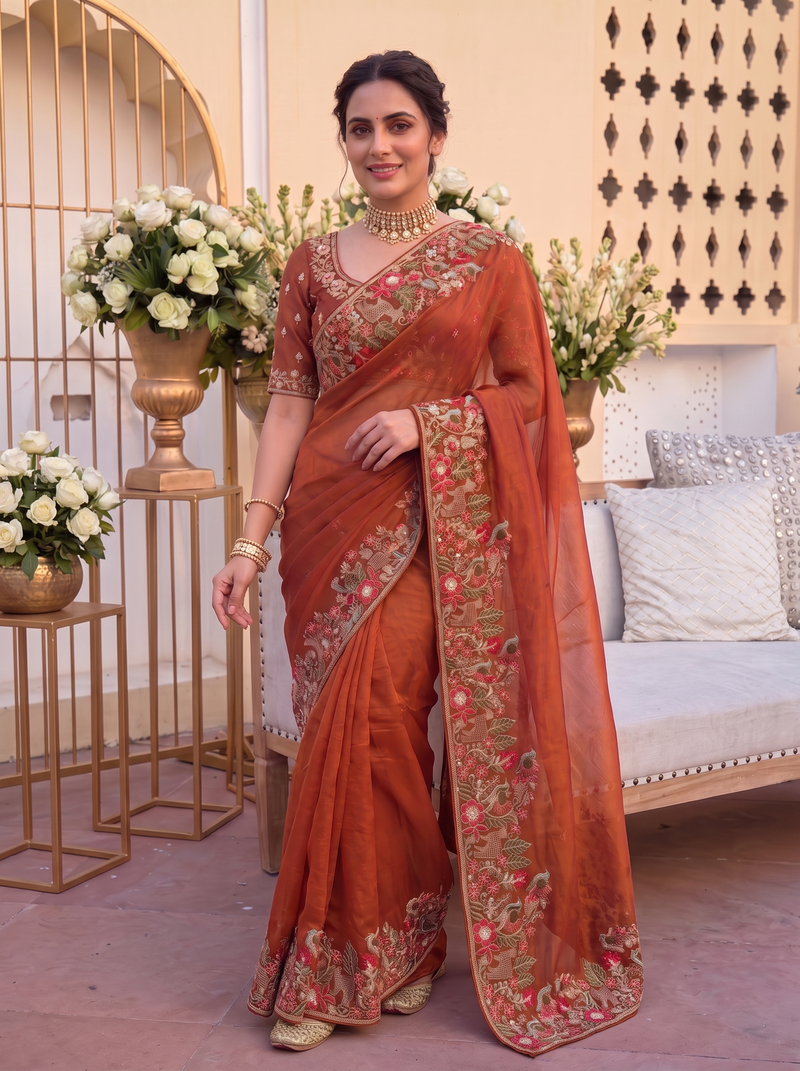 winning rust orange c-pallu embroidery with piping border fendy satin indian wedding saree