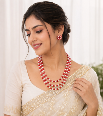 Red coral & white pearl 3-layer beaded necklace set with earrings 2