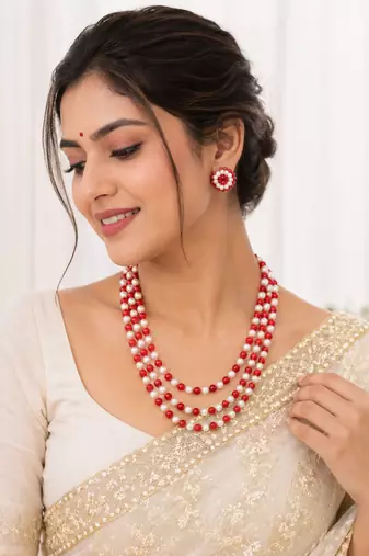 Red coral & white pearl 3-layer beaded necklace set with earrings