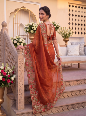 winning rust orange c-pallu embroidery with piping border fendy satin indian wedding saree 2
