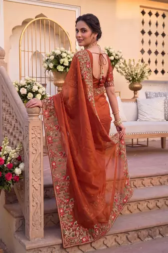winning rust orange c-pallu embroidery with piping border fendy satin indian wedding saree